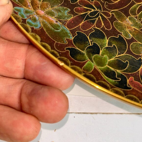 10" Chinese Cloisonne Enamel Brass Plate Holiday Colors Autumn Gold Green Footed - Picture 7 of 10